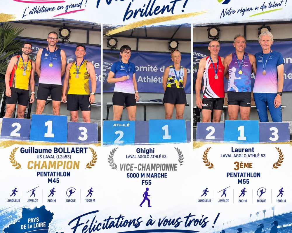 Guillaume BOLLAERT champion de France Master de Pentathlon M45 , Laurent HEMONO 3ème en M55 et Ghislaine PIEUX 3ème au sur le 3000m Marche F55 !